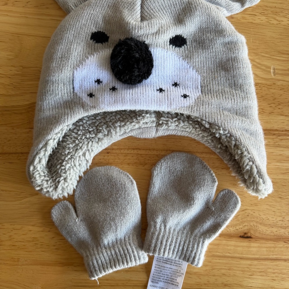 Kids Cozy Koala Winter Hat and Mittens Set - Beige